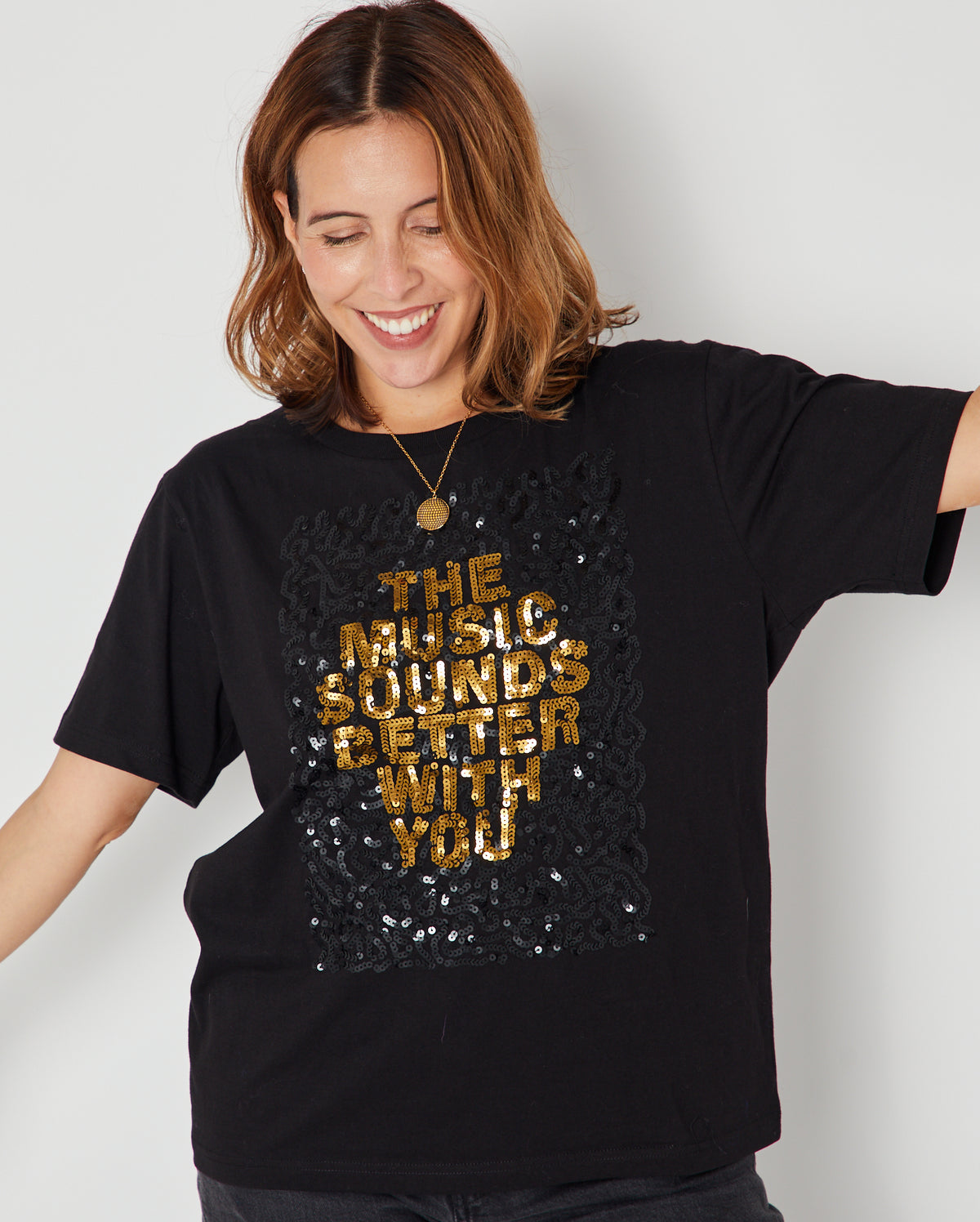 Music Sounds Better With You Sequin Donna Tshirt for party season and christmas