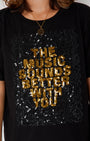 Music Sounds Better With You Sequin Donna Tshirt close up showing sequins