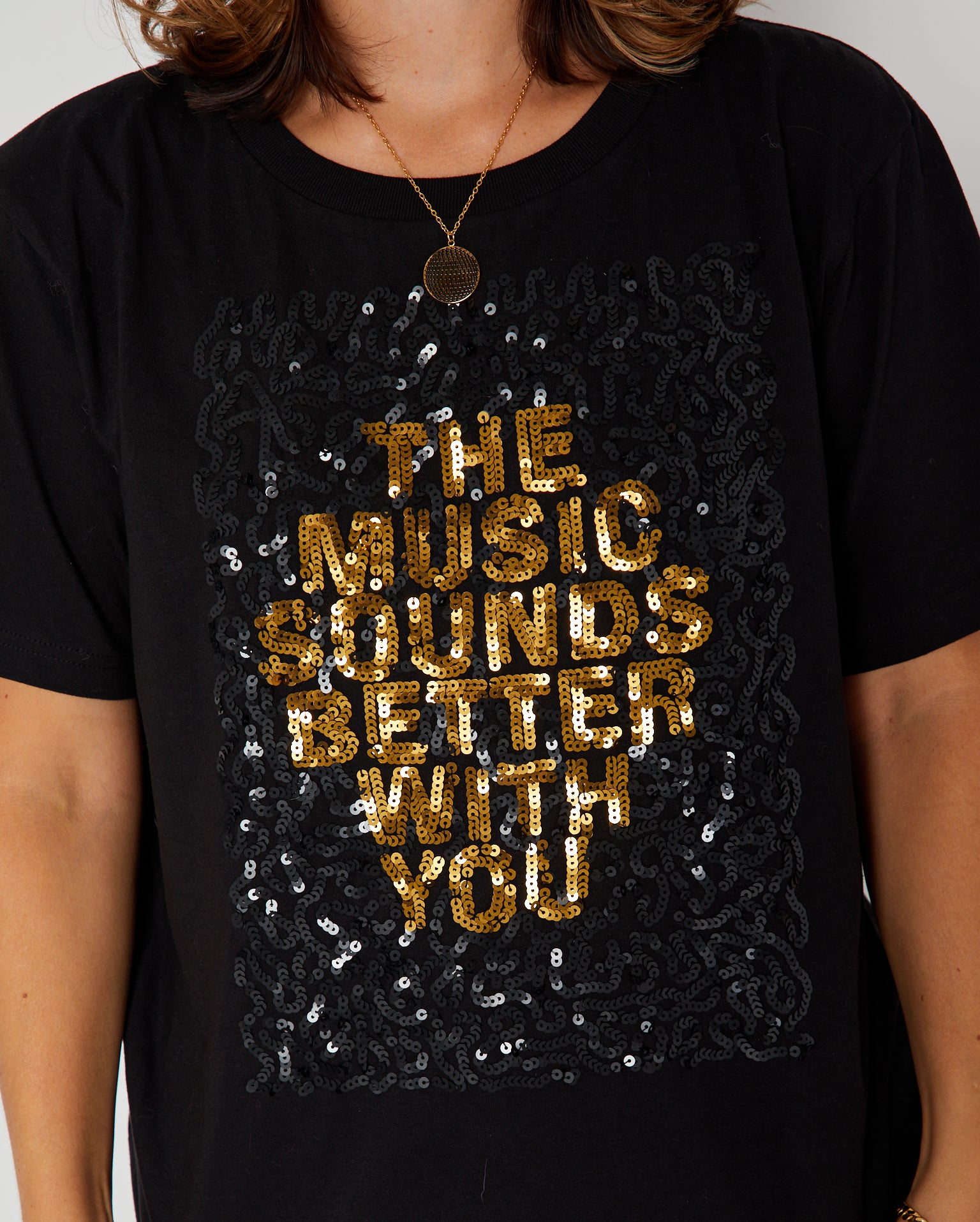 Music Sounds Better With You Sequin Donna Tshirt close up showing sequins