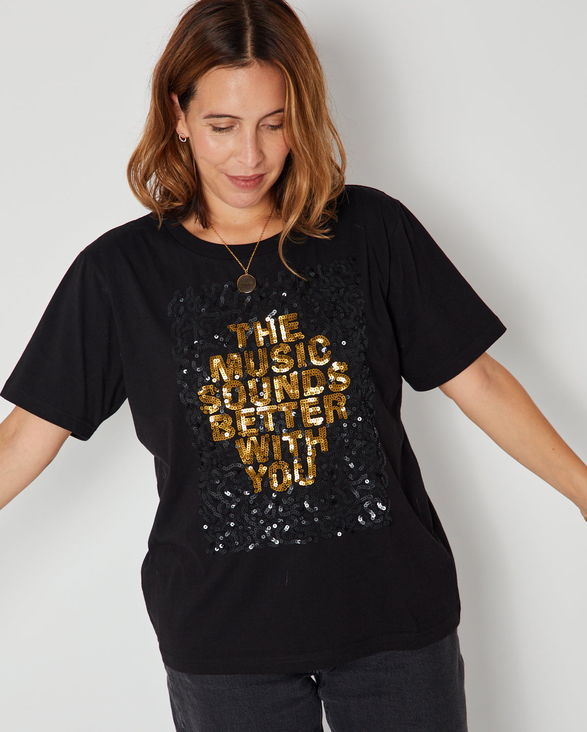 Music Sounds Better With You Sequin Donna Tshirt showing full tshirt