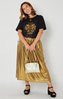 Gold metallic a line skirt full outfit styled with sequin Tshirt disko kids and party heels for christmas and party season