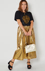 Gold metallic a line skirt full outfit styled with sequin Tshirt disko kids and party heels for christmas and party season