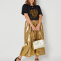 Gold metallic a line skirt full outfit styled with sequin Tshirt disko kids and party heels for christmas and party season