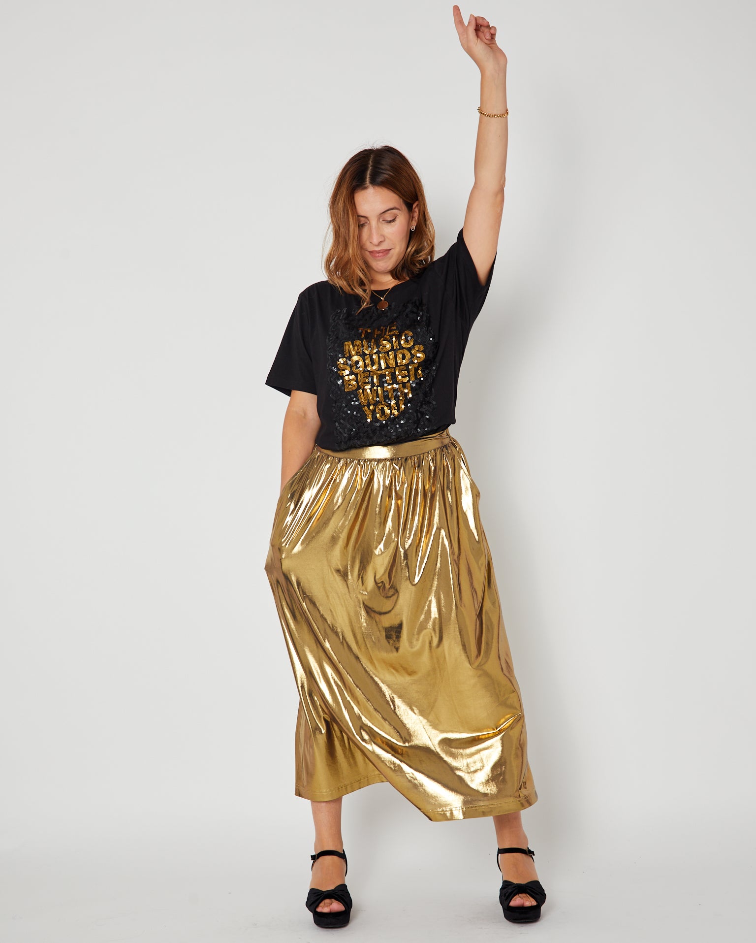 Music Sounds Better With You Sequin Donna Tshirt with disko kids gold skirt and heels party pose