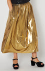 Gold metallic a line skirt close up showing pocket styled with party heels for christmas and new year