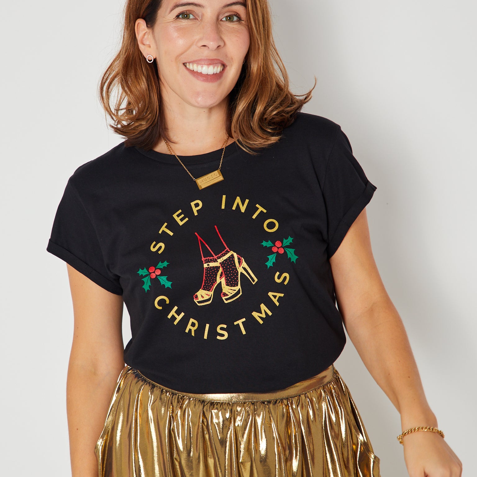  step into christmas black tshirt with music is the answer pendant