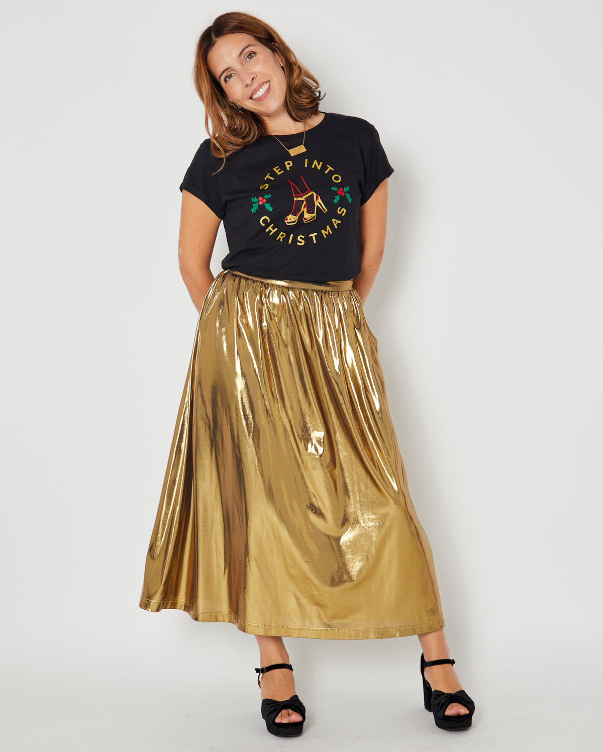 gold skirt with christmas tshirt christmas outfit