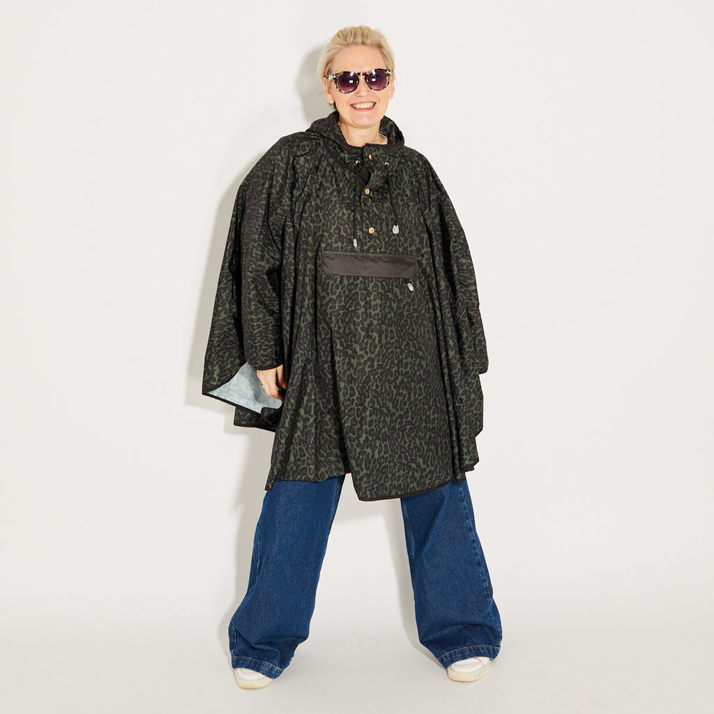 Khaki & Black Leopard Print Poncho - One Size