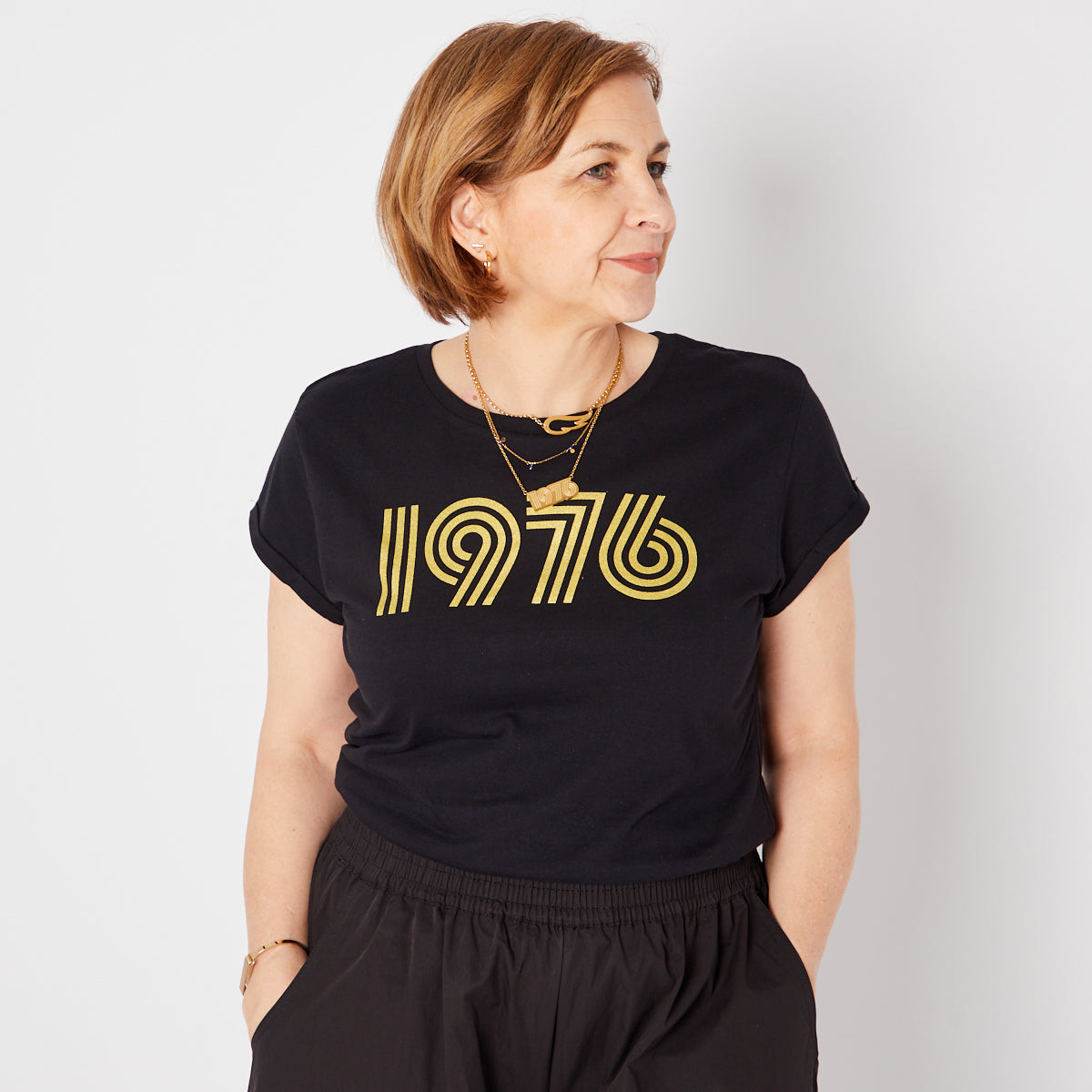 Womens 1976 black tshirt with gold print - Disko Kids