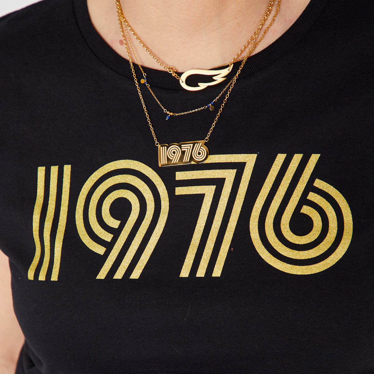 Womens 1976 black tshirt with gold print - Disko Kids