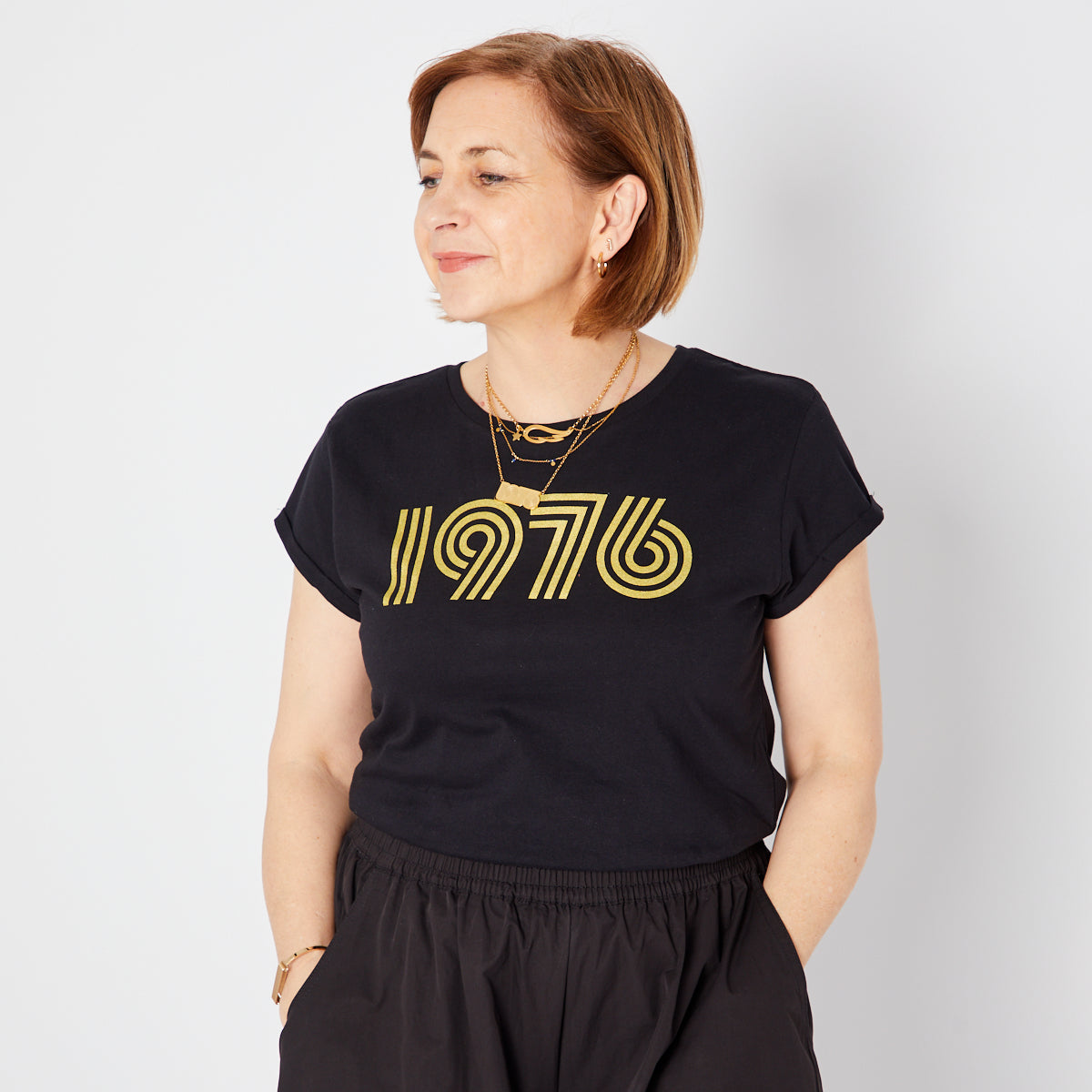 Womens 1976 black tshirt with gold print - Disko Kids