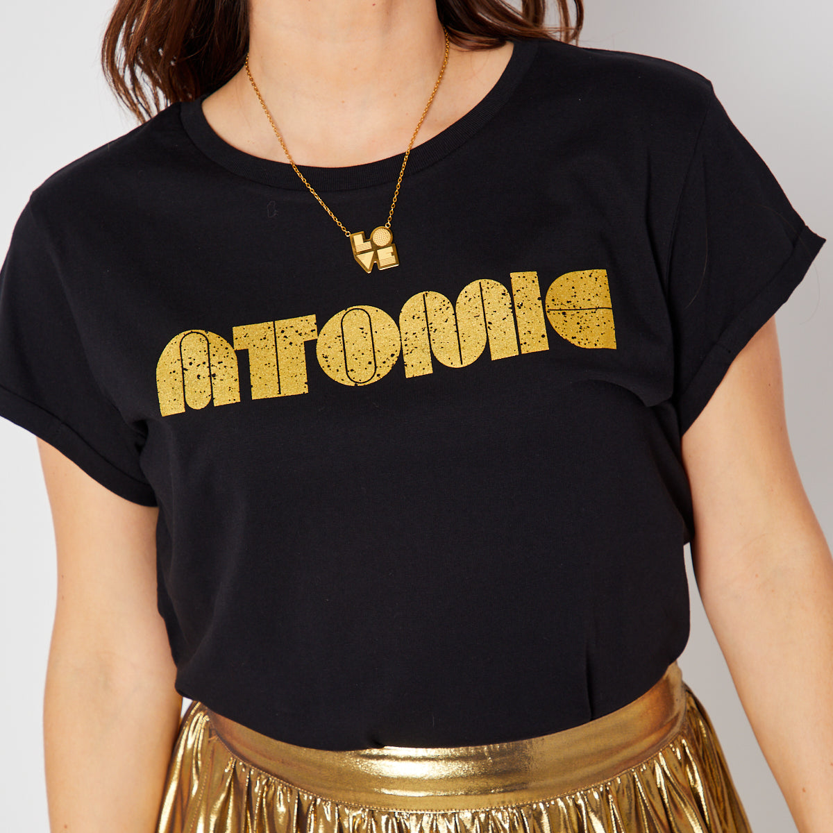 Atomic Disko Kids Womens Tshirt Black and Gold Blondie