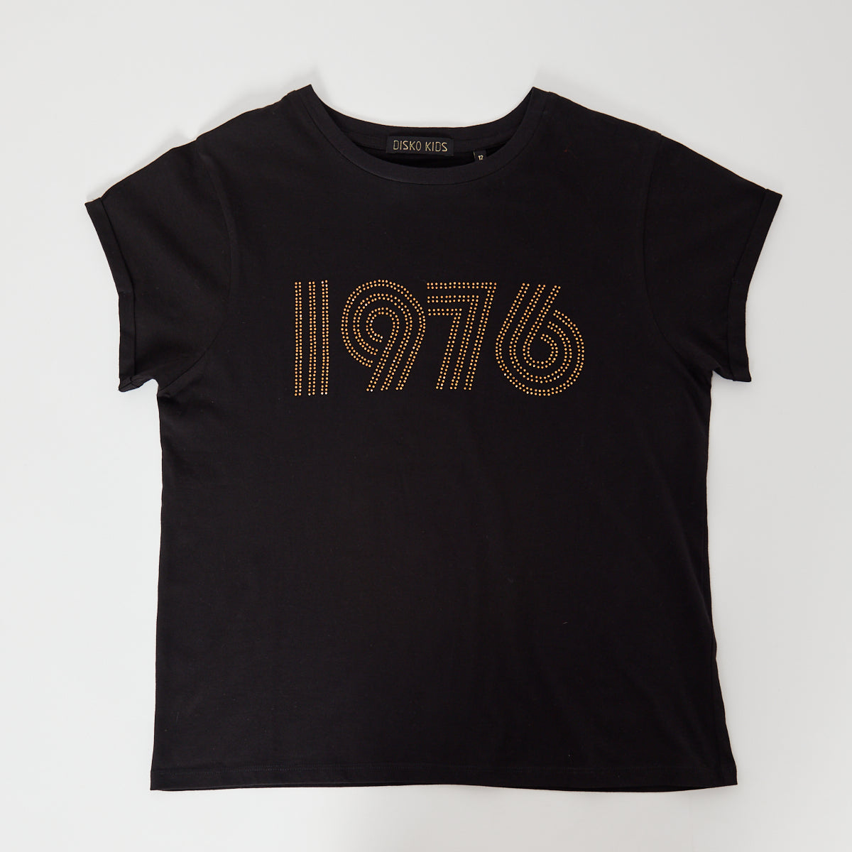 black tshirt with gold embellished 1976 on front