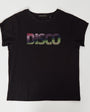 black tshirt with rainbow embellished disco on front