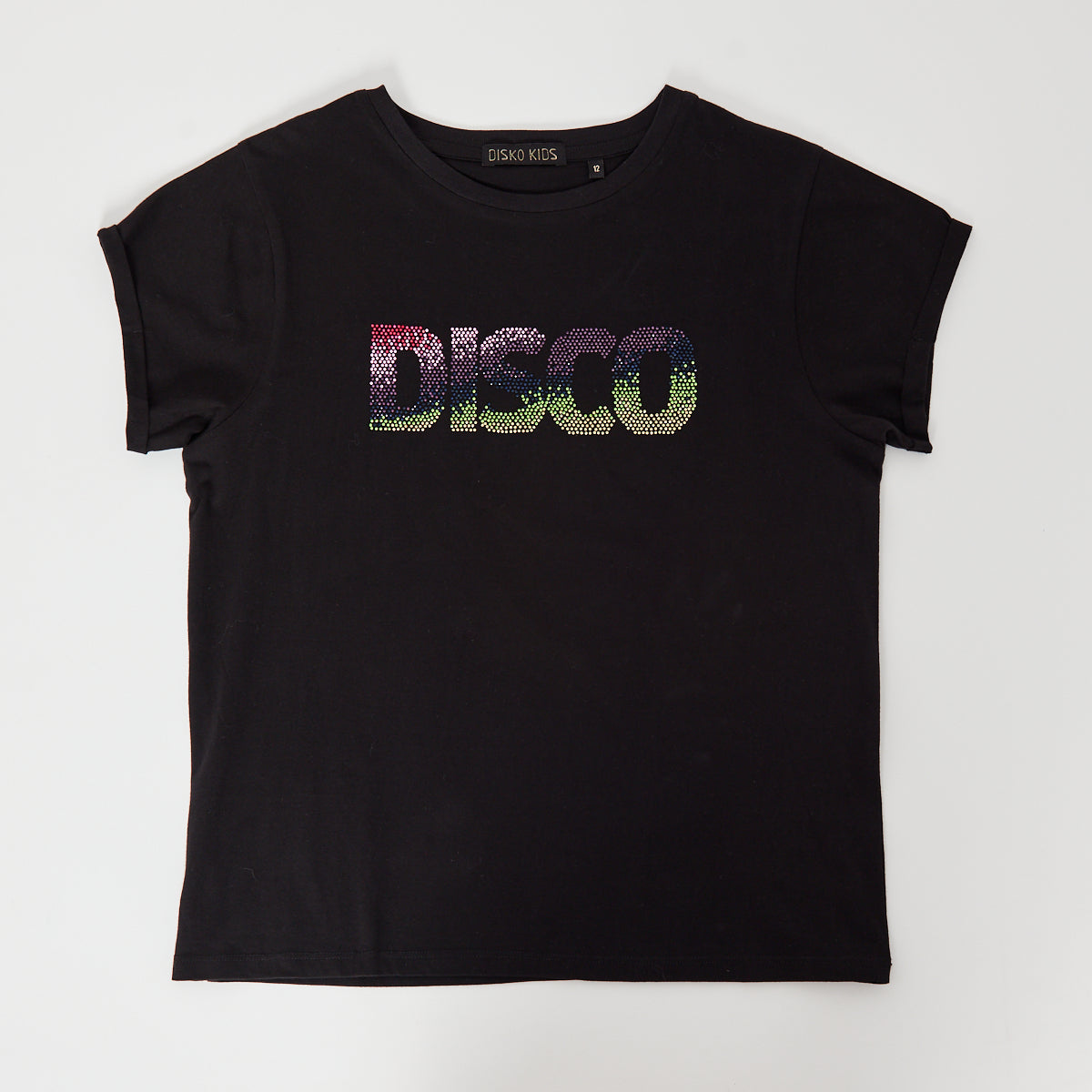black tshirt with rainbow embellished disco on front