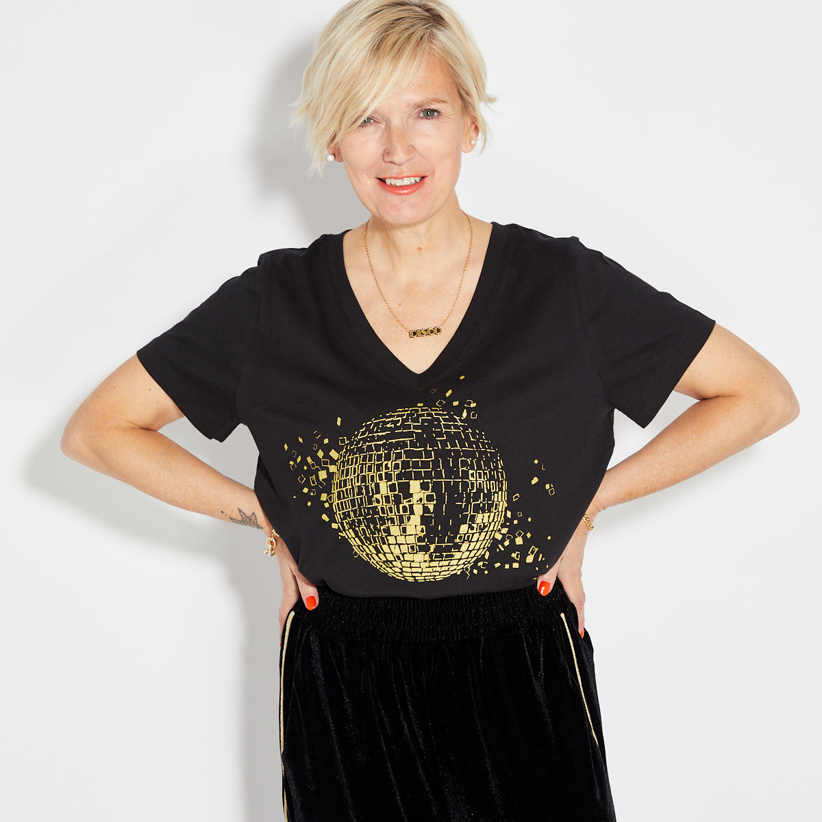 Disco Down V Neck Tshirt Black & Gold - Disko Kids
