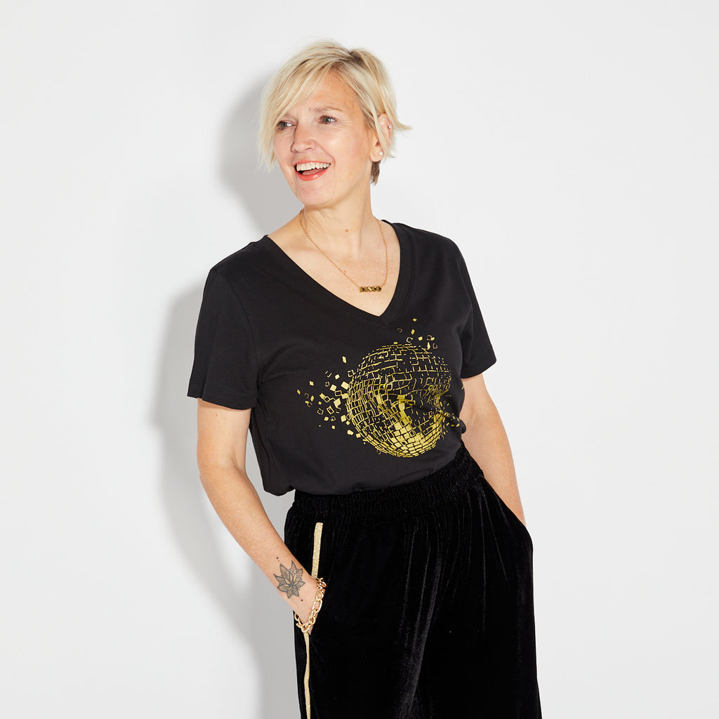 Disco Down V Neck Tshirt Black & Gold
