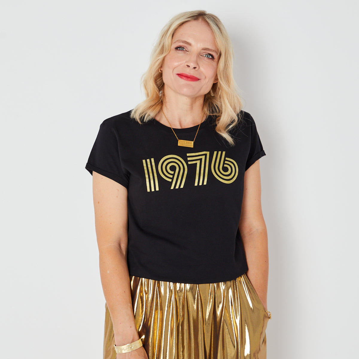 Womens 1976 black tshirt with gold print - Disko Kids