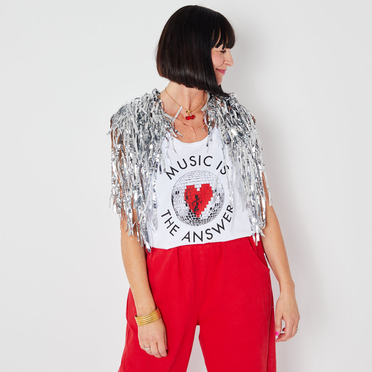 music is the answer white vest festival outfit discoball