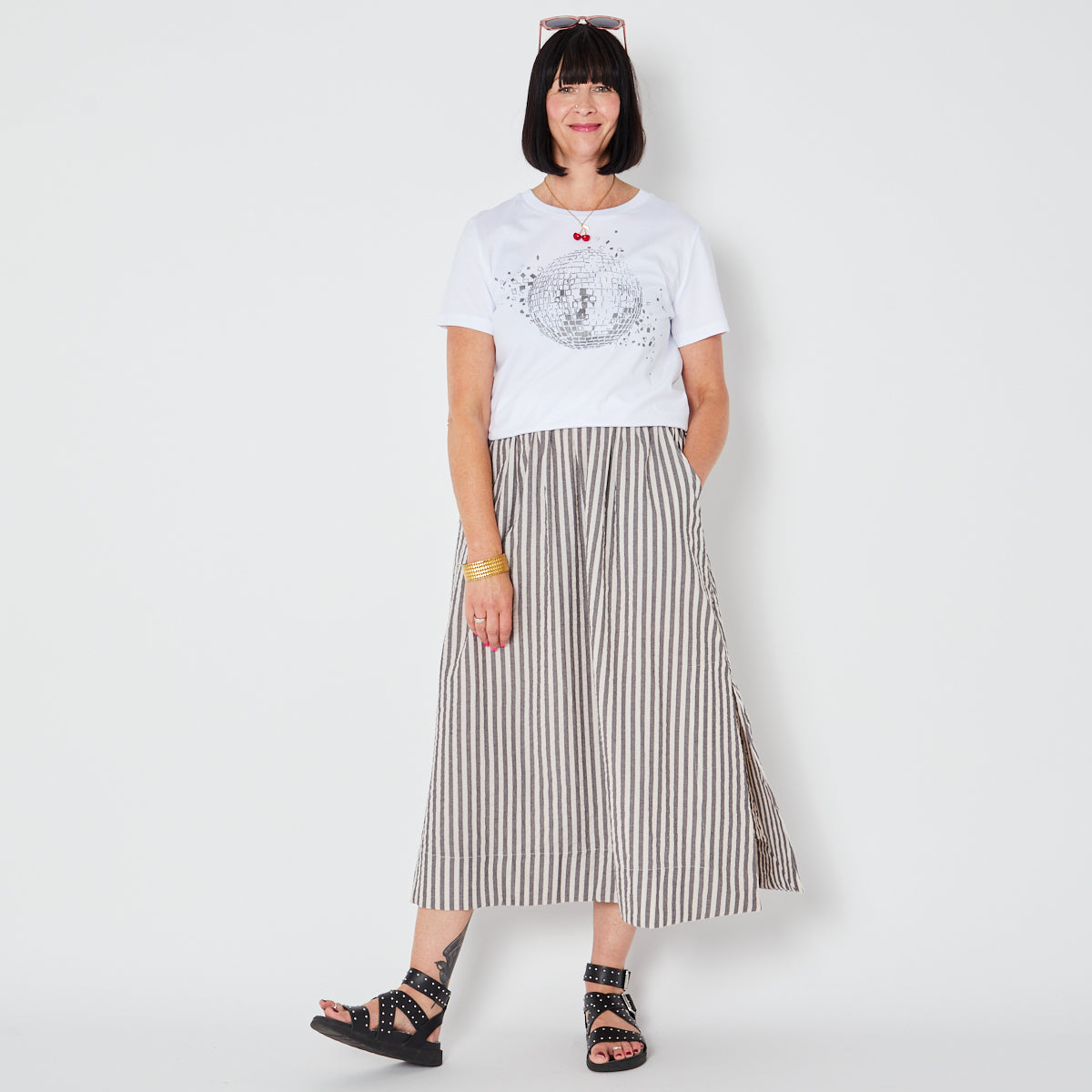 Disco Down White Tshirt Shattered Disco Ball Design with a stripe skirt Disko Kids 