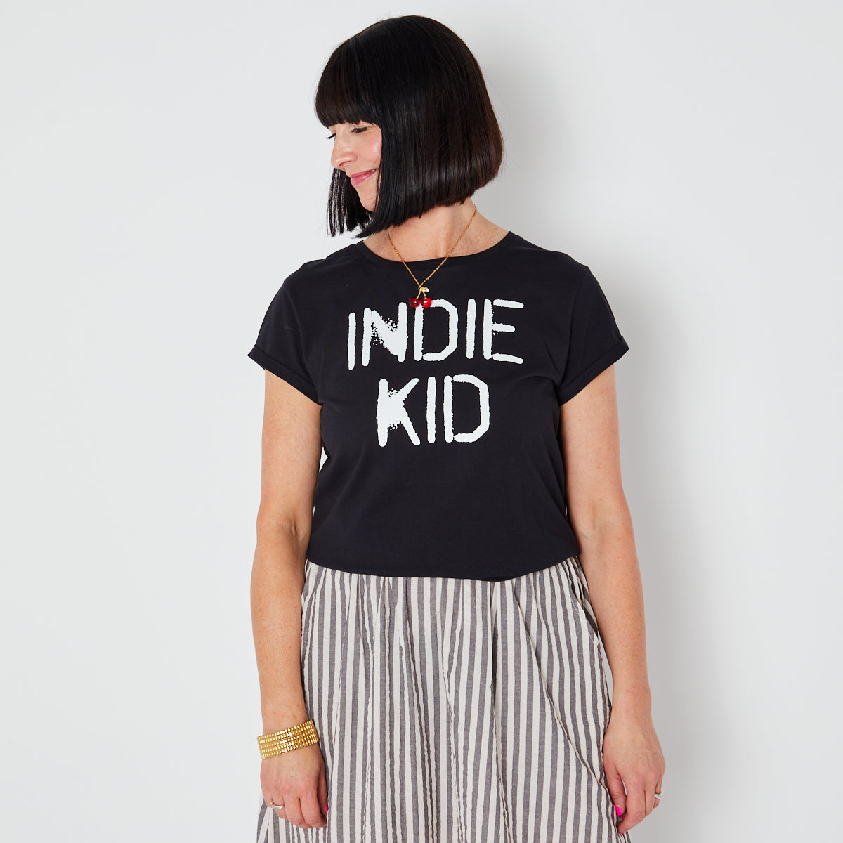 Womens black tshirt with white 'INDIE KID' print - Disko Kids