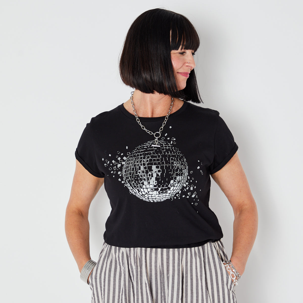 Womens black tshirt with silver discoball design - Disko Kids