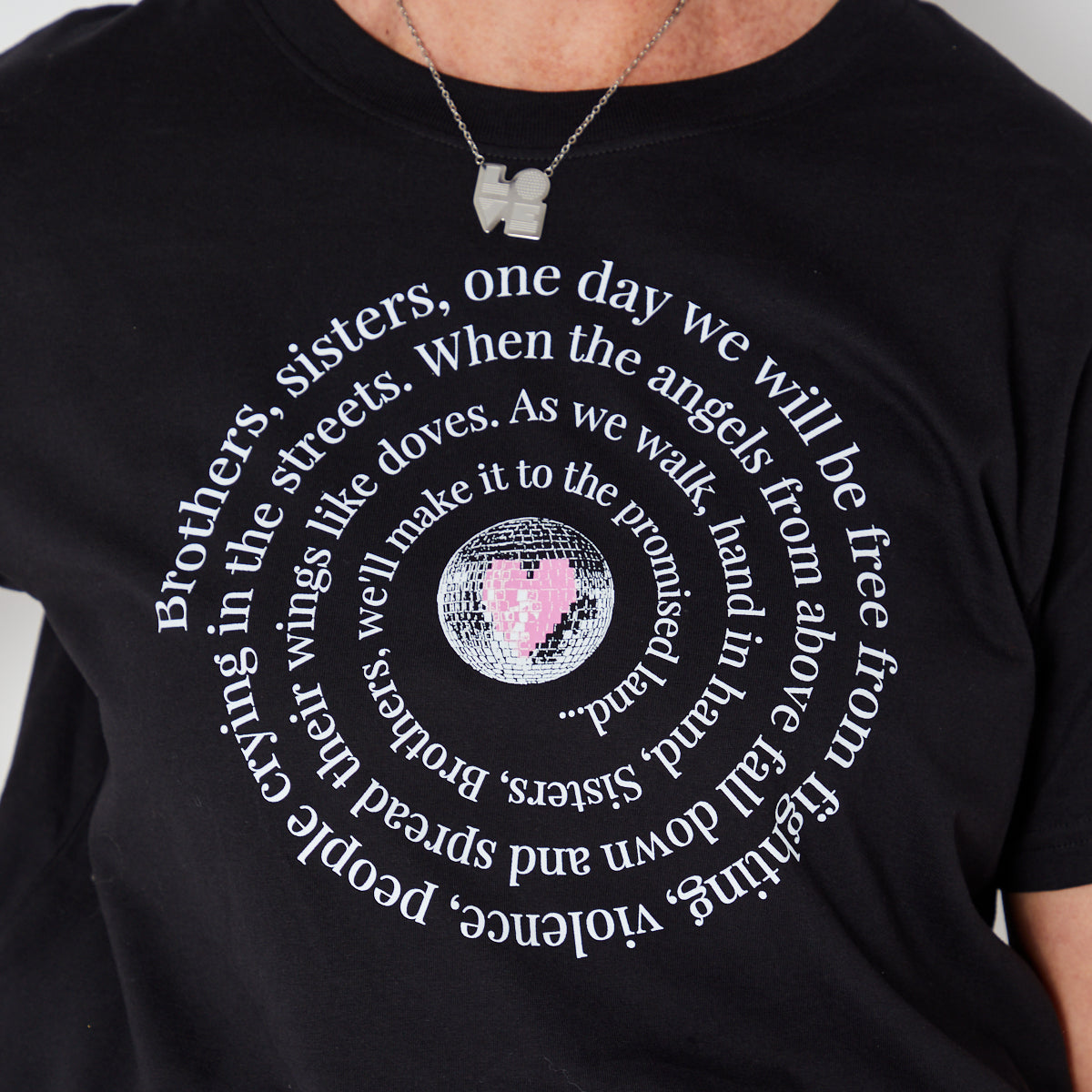 Brothers, Sisters Promised Land graphic design tshirt with white & pink ink- Disko Kids