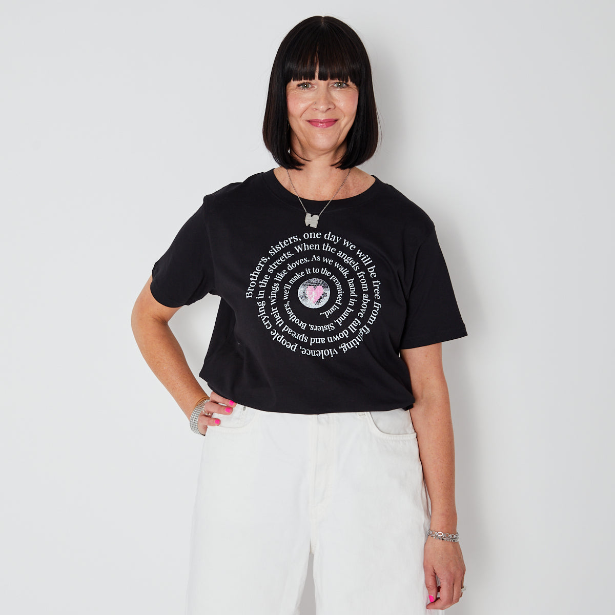 Brothers, Sisters Promised Land graphic design tshirt with white & pink ink- Disko Kids