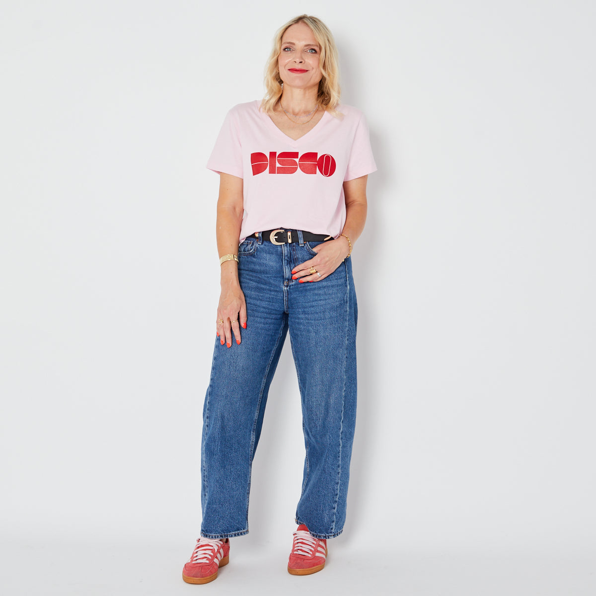 Pink  Vneck t-shirt with 'DISCO' printed in red Disko Kids 