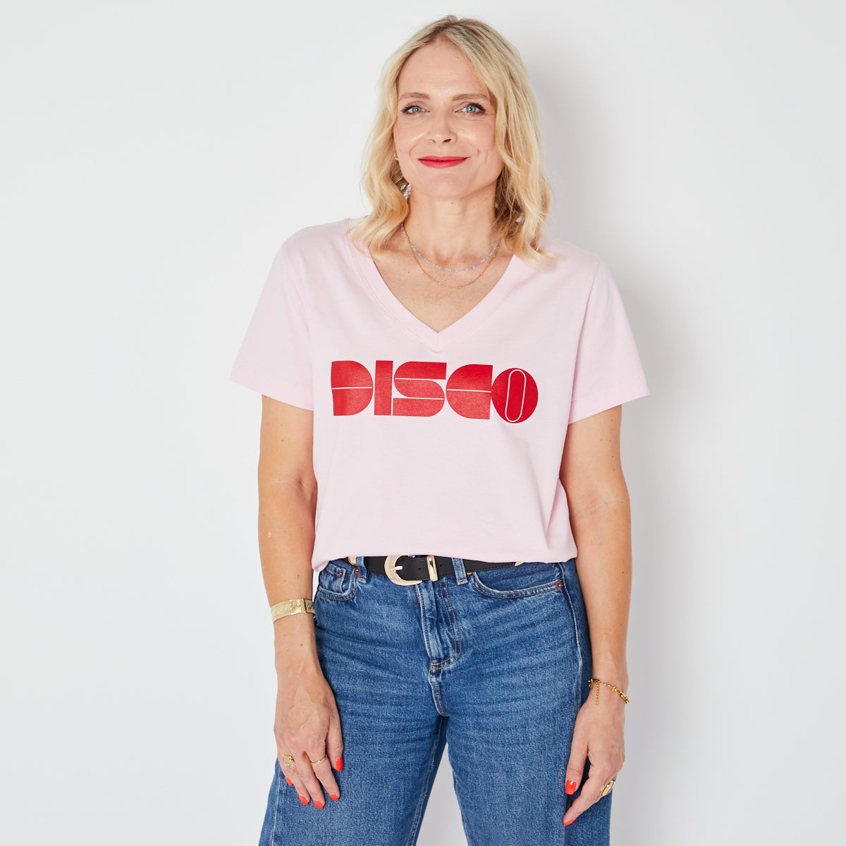 Pink  Vneck t-shirt with 'DISCO' printed in red Disko Kids 