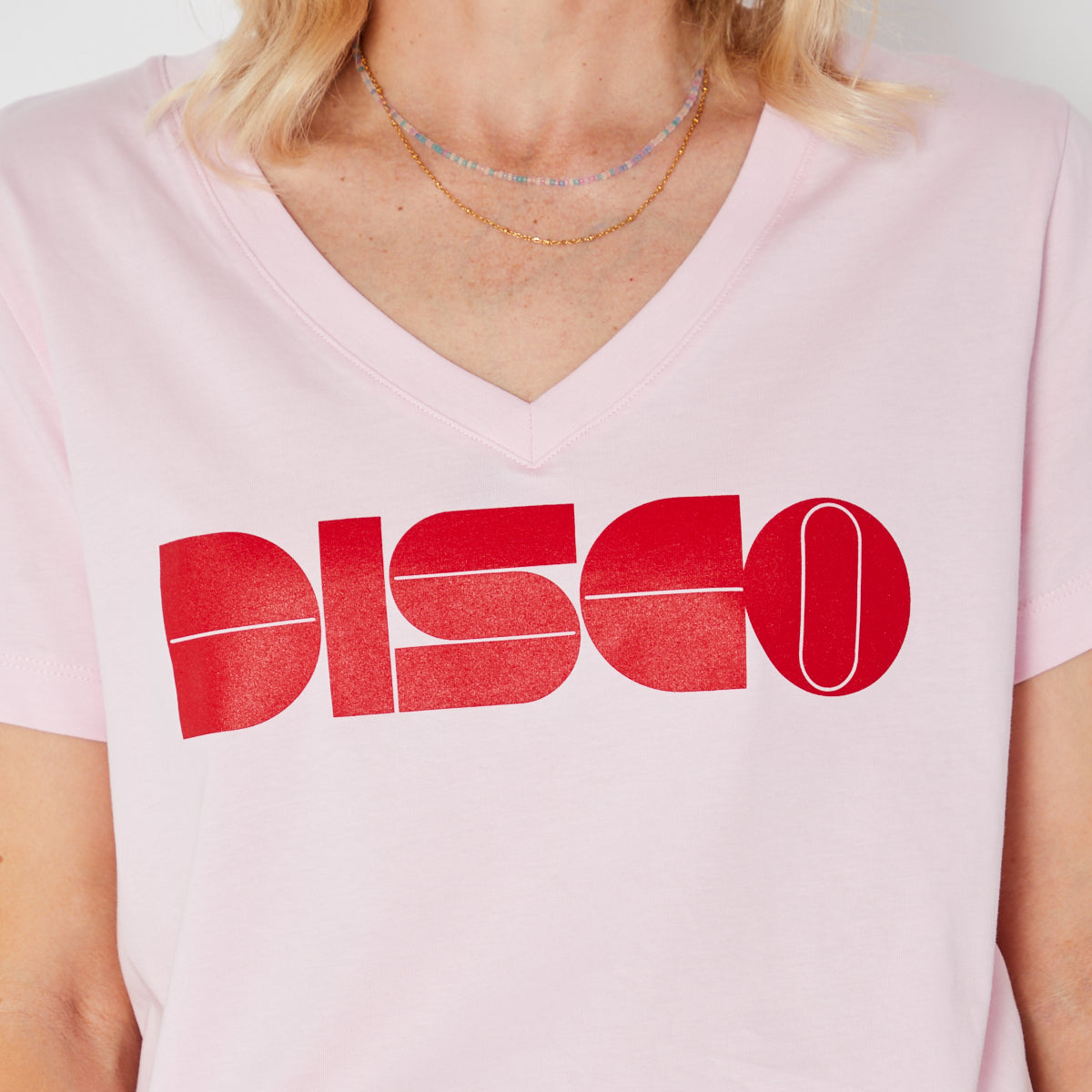 Pink  Vneck t-shirt with 'DISCO' printed in red Disko Kids 