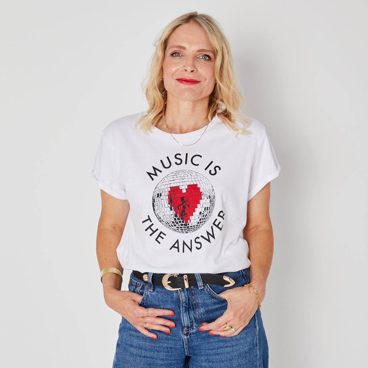 usic is the Answer' text around a black discoball red heart - Disko Kids