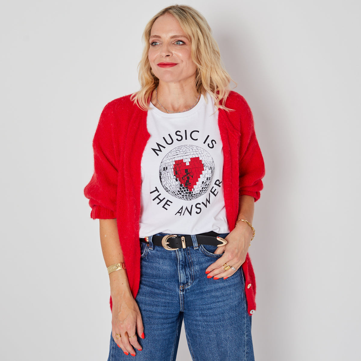 usic is the Answer' text around a black discoball red heart - Disko Kids