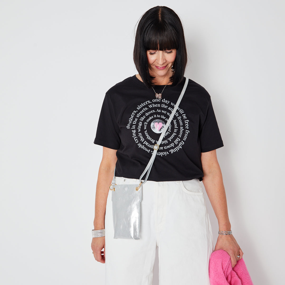Brothers, Sisters Promised Land graphic design tshirt with white & pink ink- Disko Kids