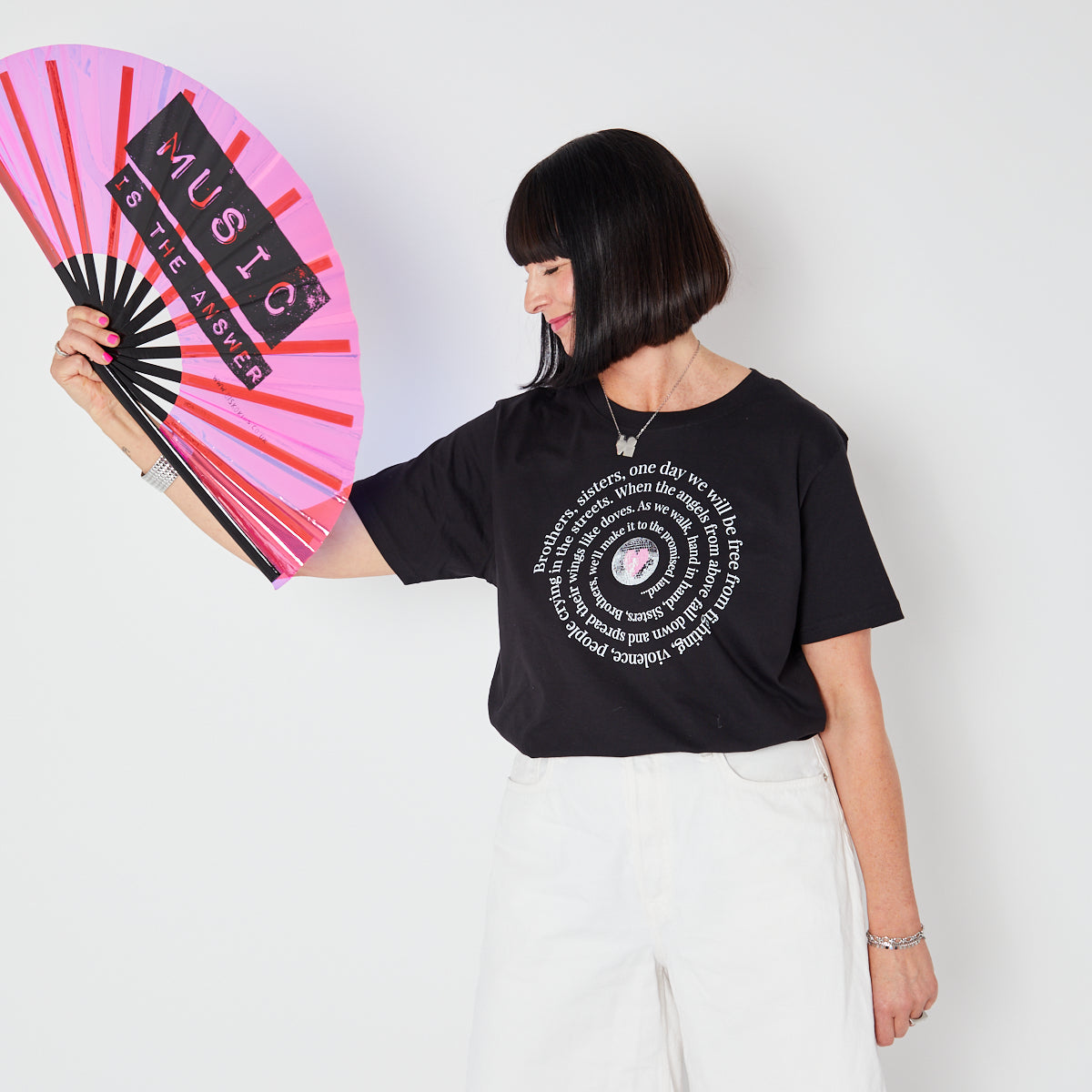 Brothers, Sisters Promised Land graphic design tshirt with white & pink ink- Disko Kids