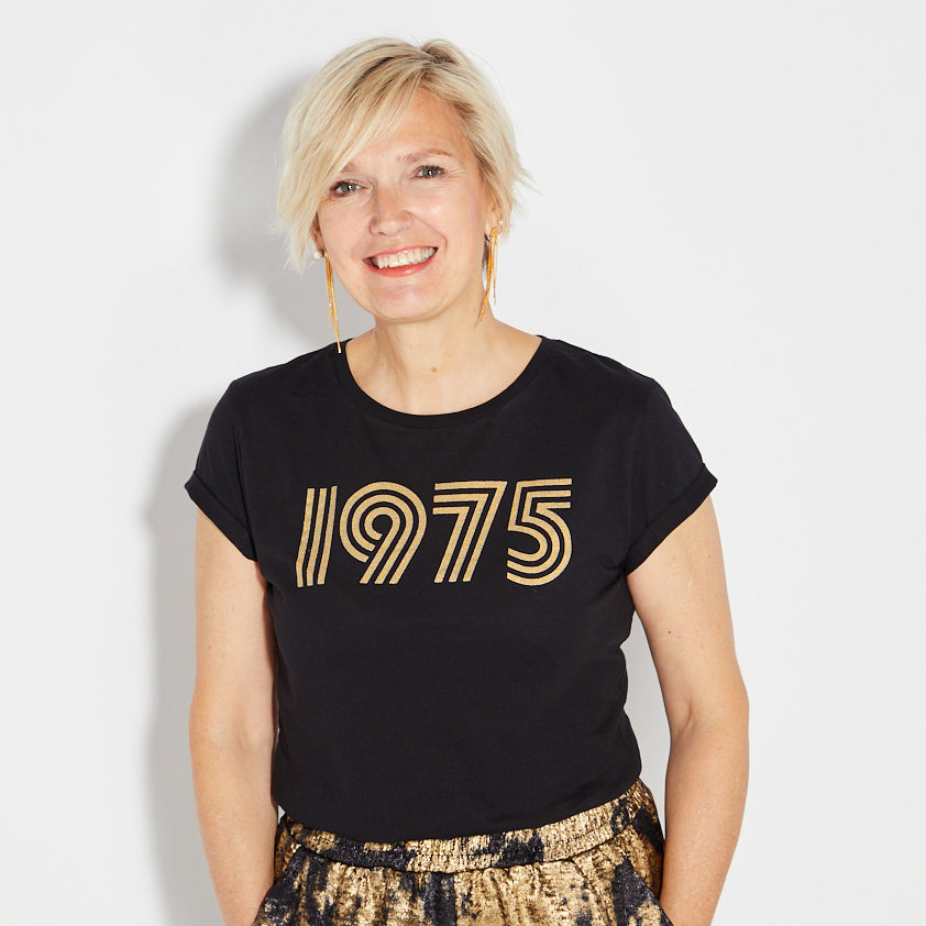 Womens 1975 black tshirt with gold print - Disko Kids