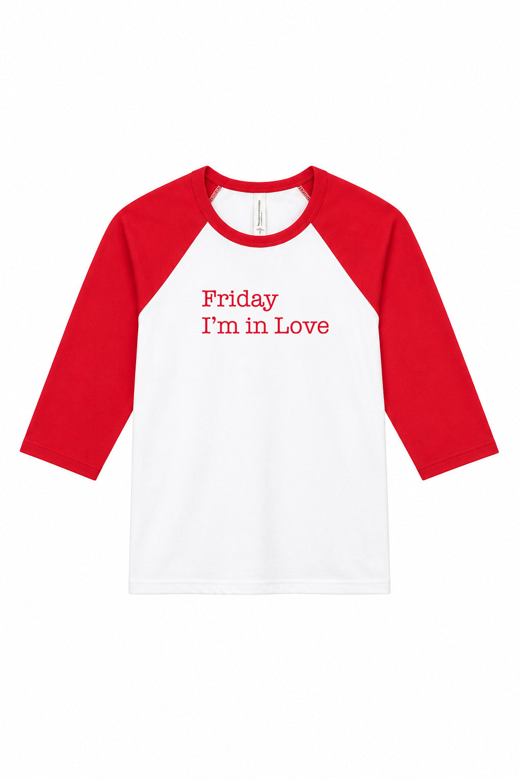 Friday Im In Love print on a Red white Raglan baseball style tshirt Cure Inspired Disko Kids 