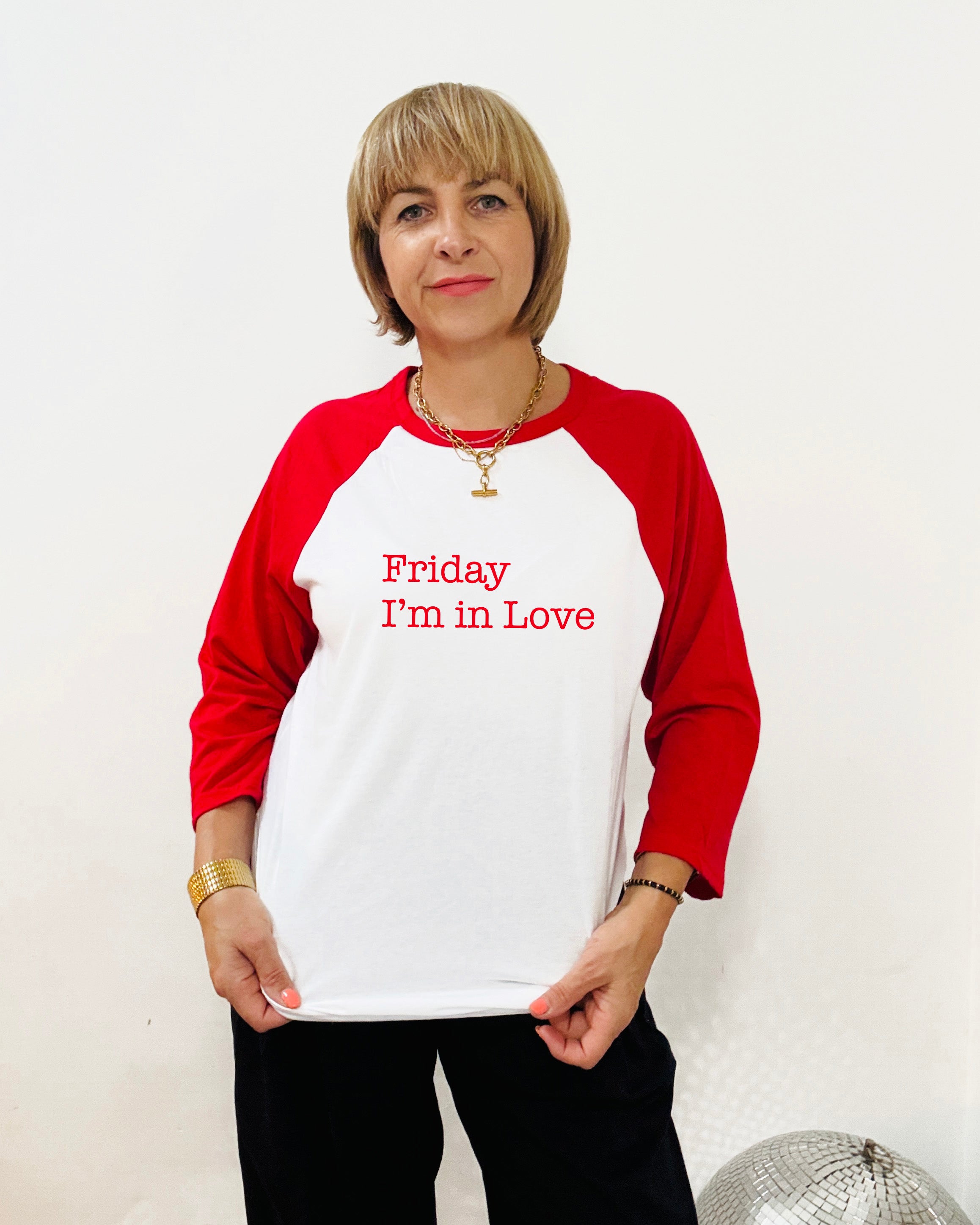 Friday Im In Love print on a Red white Raglan baseball style tshirt Cure Inspired Disko Kids 