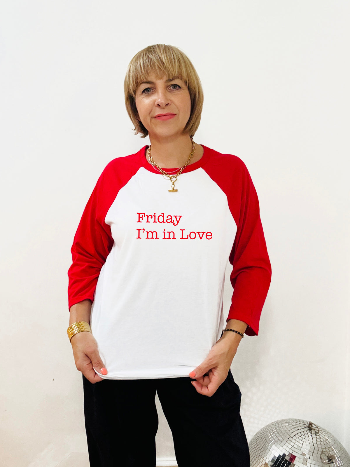Friday Im In Love print on a Red white Raglan baseball style tshirt Cure Inspired Disko Kids 