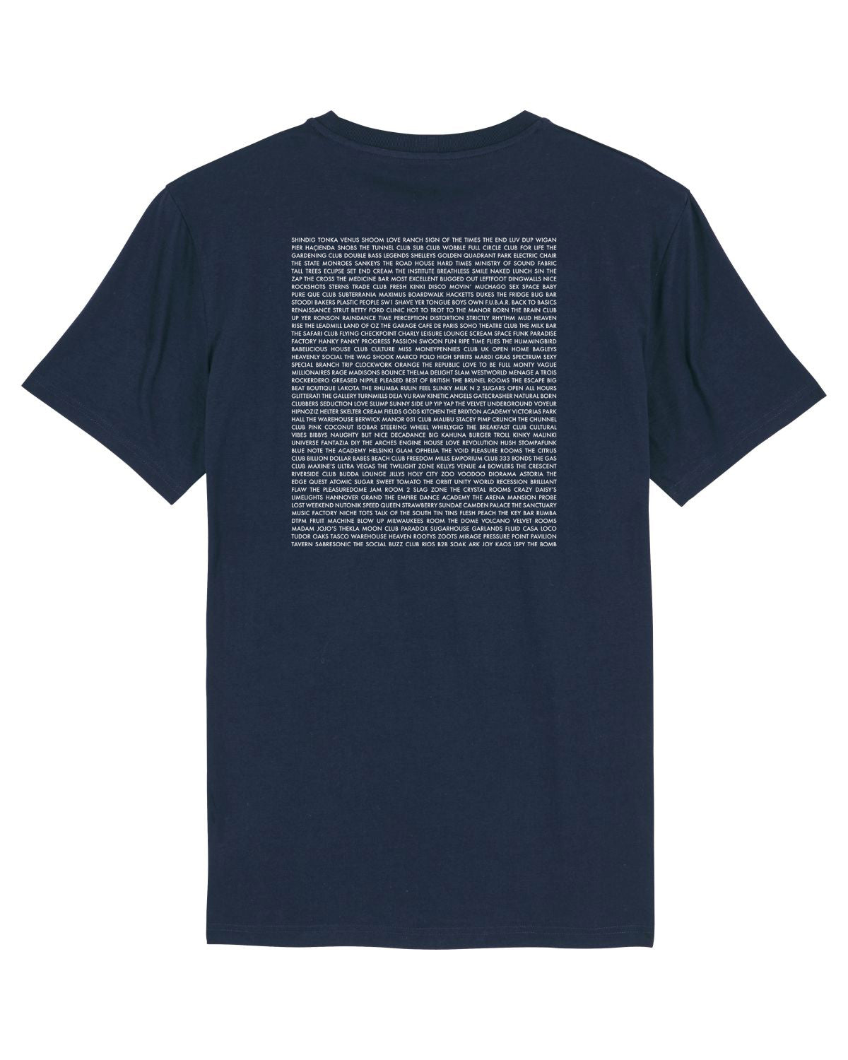 navy mens tshirt with 90's and rave club listed on back - christmas gift for men