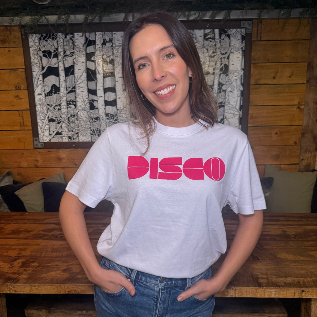 White T-shirt with Pink Retro DISCO design - DIsko Kids