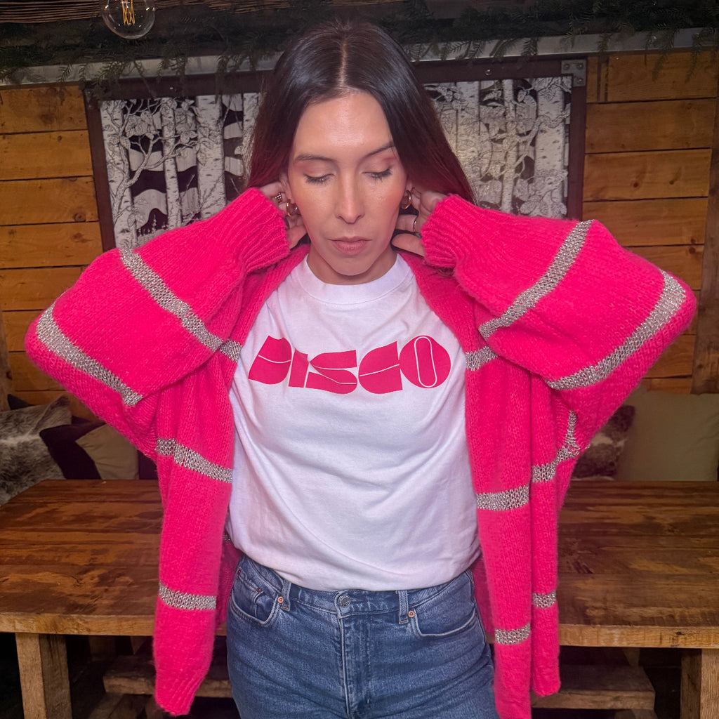 White T-shirt with Pink Retro DISCO design - DIsko Kids