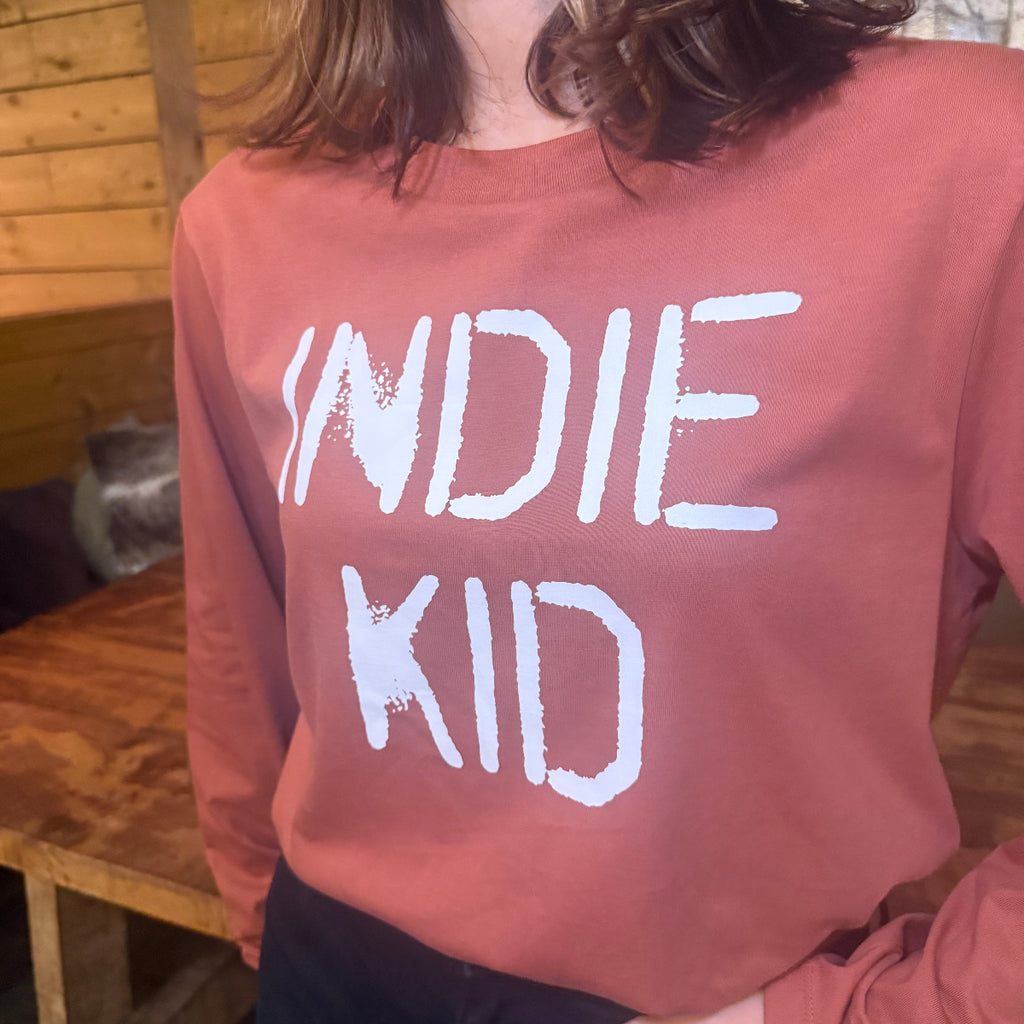 Brown long-sleeve Tshirt with 'INDIE KID' white text on - Disko Kids