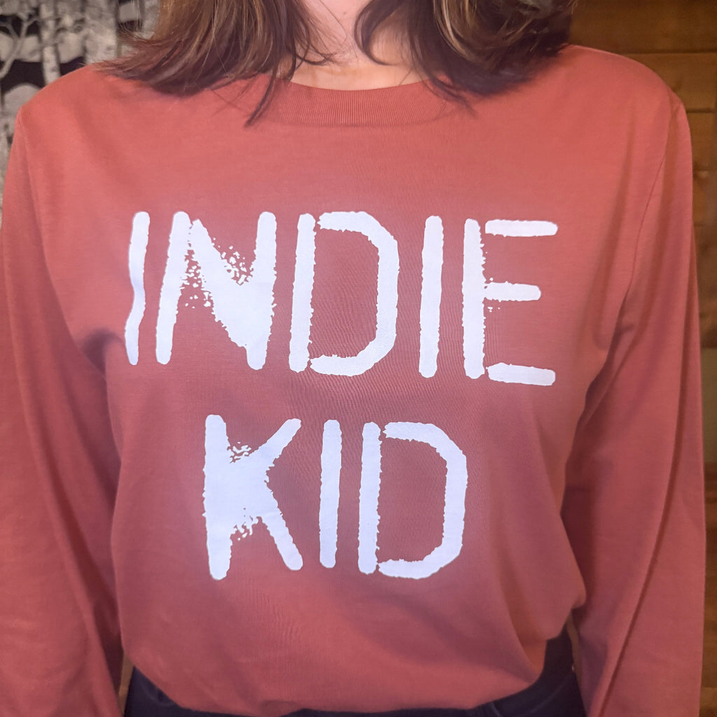 Brown long-sleeve Tshirt with 'INDIE KID' white text on - Disko Kids