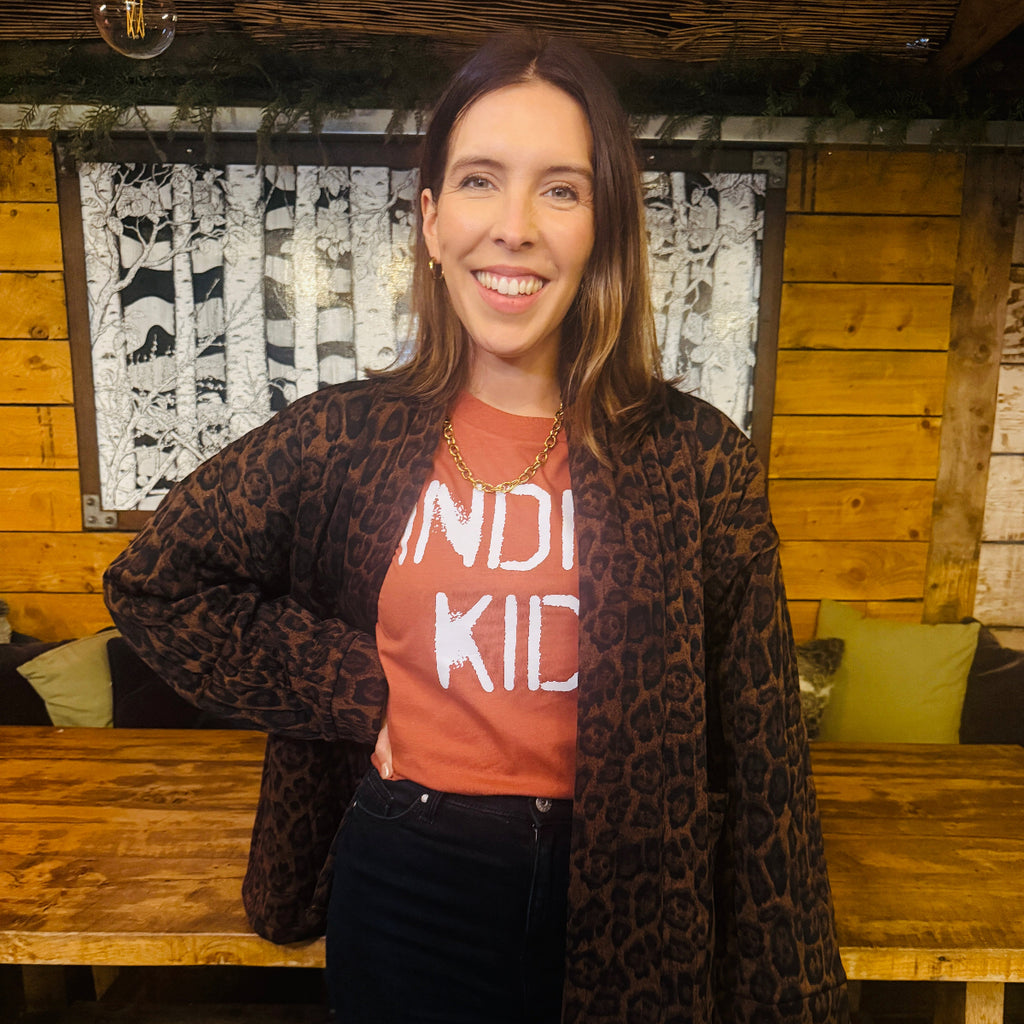 Brown long-sleeve Tshirt with 'INDIE KID' white text on - Disko Kids