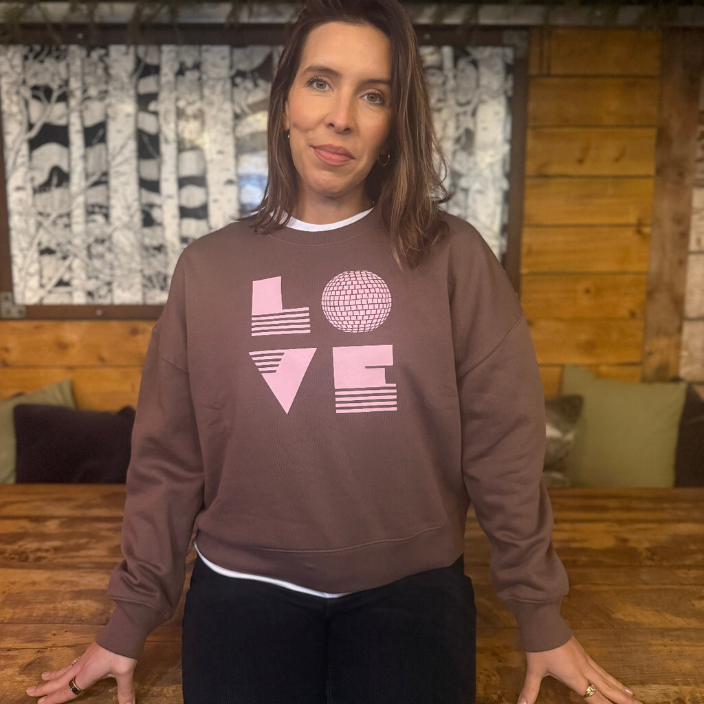 Womens brown sweatshirt with 'LOVE' disco ball print in pale pink - Disko Kids