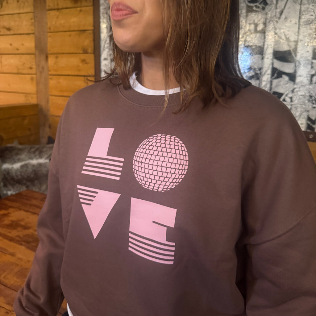 Womens brown sweatshirt with 'LOVE' disco ball print in pale pink - Disko Kids