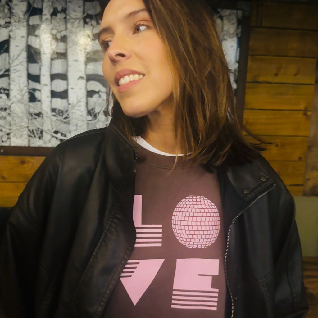 Womens brown sweatshirt with 'LOVE' disco ball print in pale pink - Disko Kids
