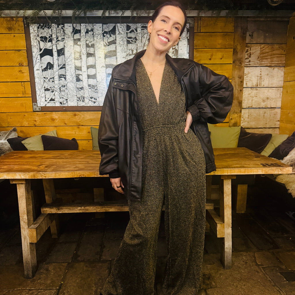 Disko Kids gold sparkly glitter wide leg v neck jumpsuit retro disco 