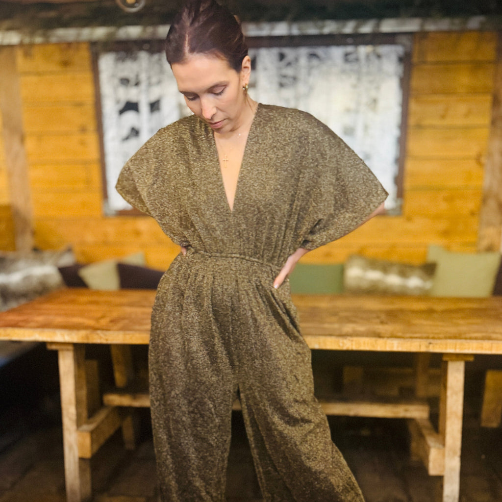 Disko Kids gold sparkly glitter wide leg v neck jumpsuit retro disco 